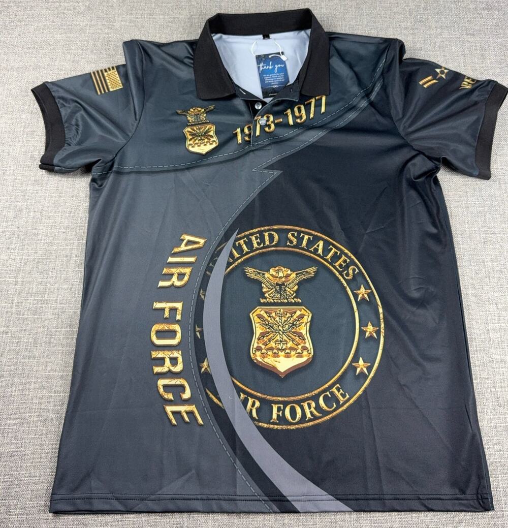 US Air Force Veteran Polo Shirt 1973-1977 Proudly Served Military Mens L Black